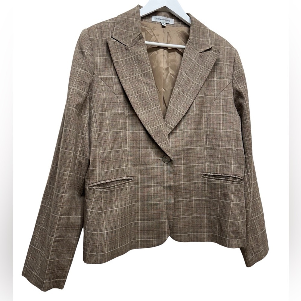 Harve Bernard Women’s Brown Plaid Jacket Blazer Coat Suite Sz 14 Large Work wear - Picture 2 of 7
